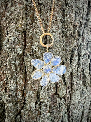 Rainbow Moonstone and Diamond Flower Gemma Pendant