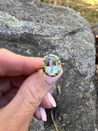 Oval Aquamarine and Blue Sapphire Sprinkle Ring