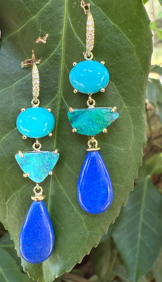 Turquoise, Boulder Opal and Lapis Three Stone Joyce Earrings