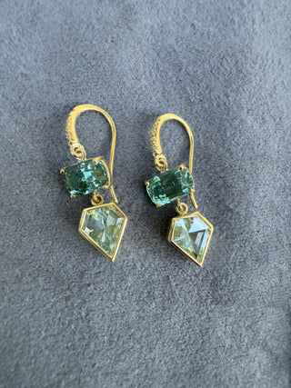 Cushion Cut Lagoon Tourmaline and Kite Shaped Two Stone Joyce Earrings