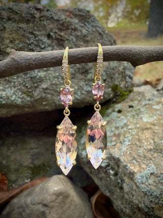 Pear Shaped Padparadscha Sapphire and Marquis Morganite Two Stone Joyce Earrings