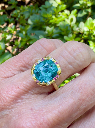 Cushion Cut Blue Zircon and Pink Sapphire Sprinkle Ring