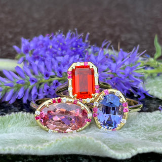 Emerald Cut Fire Opal and Pink Sapphire Sprinkle Ring