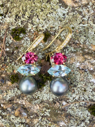 Garnet, Aquamarine and South Sea Pearl Three Stone Joyce Earrings