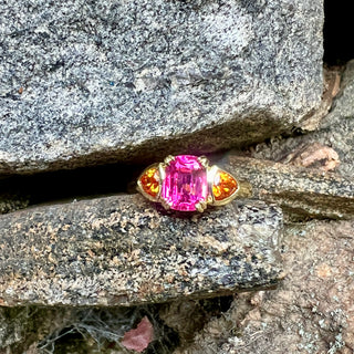 Cushion Cut Pink Tourmaline and Mandarin Garnet Triad Ring