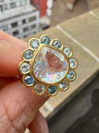 Pear Shape Madagascar Moonstone and Montana Sapphire Blossom Ring