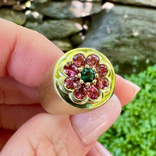 Green and Pink Tourmaline Floral Signet Ring