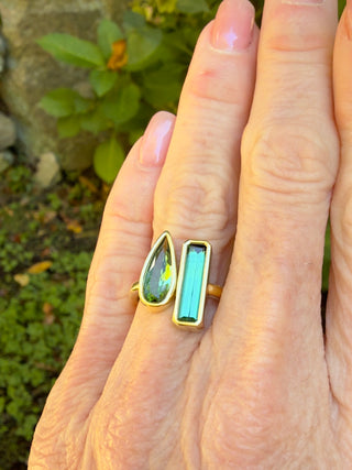 Elongated Pear Shape and Emerald Cut Green Tourmaline Duet Ring