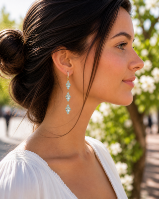 Kite Shaped Mirror Cut Aquamarine Three Stone Joyce Earrings