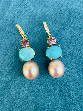 Malaya Garnet, Turquoise and Freshwater Pearl Joyce Earrings