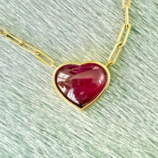 Heart Shaped Cabochon Pink Tourmaline Large Bea Necklace