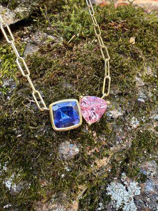 Cushion Cut Tanzanite and Pink Tourmaline Trillion Duet Necklace