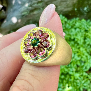 Green and Pink Tourmaline Floral Signet Ring