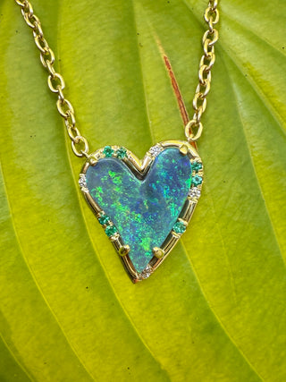 Heart Shaped Boulder Opal and Emerald Sprinkle Necklace