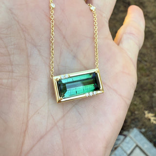 Emerald Cut Green Tourmaline Sprinkle Frame Necklace