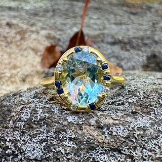 Oval Aquamarine and Blue Sapphire Sprinkle Ring