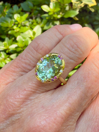 Oval Green Tourmaline and Pink Sapphire Sprinkle Ring