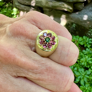 Green and Pink Tourmaline Floral Signet Ring