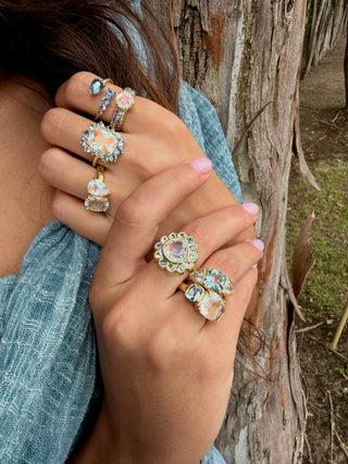 Cushion Cut Madagascar Moonstone and Montana Sapphire Posy Ring