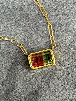 Emerald Cut Watermelon Tourmaline Bea Necklace