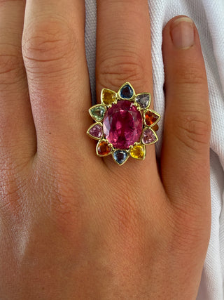 Pink Tourmaline Blossom Ring with Multicolor Sapphires