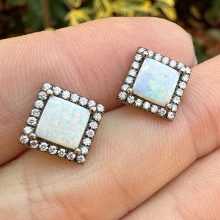 Square Opal Blackened Gold Layla Stud Earrings