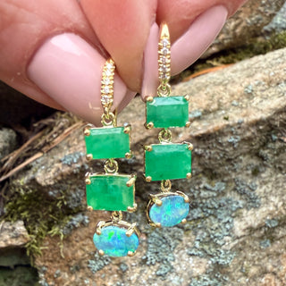 Emerald and Boulder Opal Three Stone Joyce Earrings