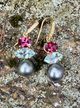 Garnet, Aquamarine and South Sea Pearl Three Stone Joyce Earrings