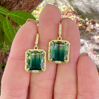 Emerald Cut Bicolor Blue Tourmaline Sprinkle Earrings