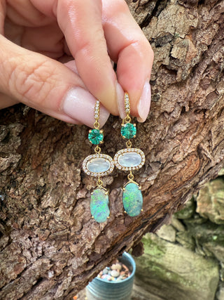 Emerald, Rainbow Moonstone and Boulder Opal Gemma Earrings