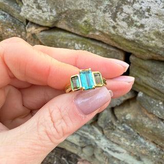 Emerald Cut Blue and Green Tourmaline Triad Ring