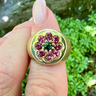 Green and Pink Tourmaline Floral Signet Ring