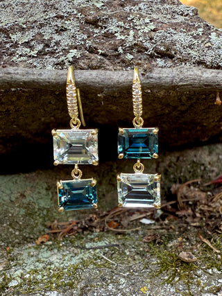 Emerald Cut Blue Topaz and Aquamarine Hi Lo Joyce Earrings