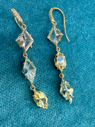 Mirror Cut Tri-Colored Beryl Three Stone Joyce Earrings