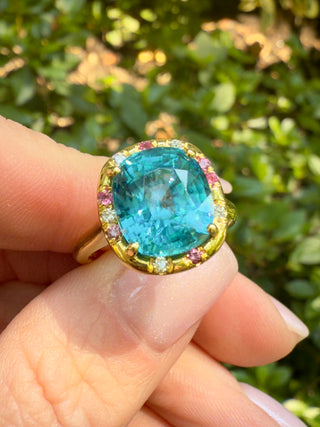 Cushion Cut Blue Zircon and Pink Sapphire Sprinkle Ring