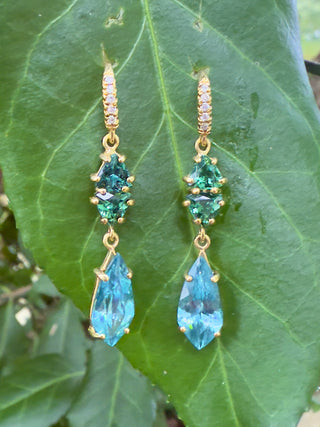 Green Tourmaline and Blue Zircon Three Stone Joyce Earrings