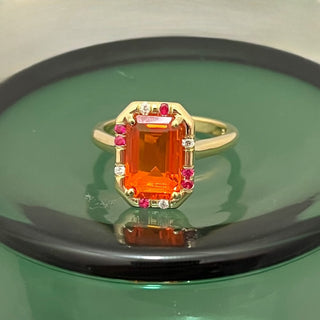 Emerald Cut Fire Opal and Pink Sapphire Sprinkle Ring