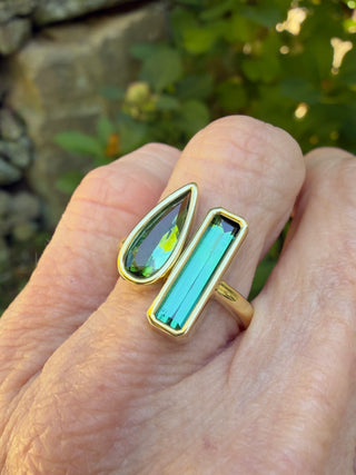 Elongated Pear Shape and Emerald Cut Green Tourmaline Duet Ring
