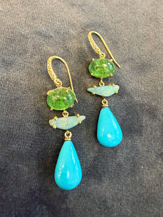 Tsavorite, Boulder Opal and Turquoise Briolette Joyce Earrings