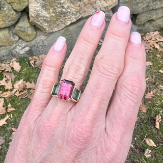 Emerald Cut Pink and Green Tourmaline Triad Ring