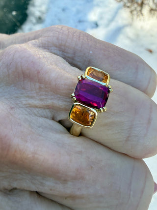 Cushion Cut Pink Tourmaline and Mandarin Garnet Triad Ring
