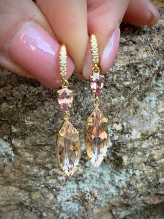 Pear Shaped Padparadscha Sapphire and Marquis Morganite Two Stone Joyce Earrings