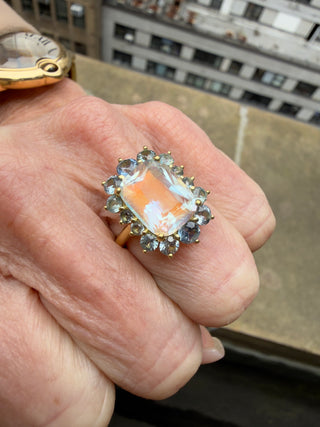 Cushion Cut Madagascar Moonstone and Montana Sapphire Posy Ring