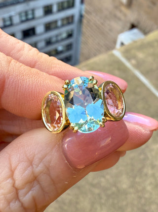 Oval Aquamarine and Morganite Triad Ring