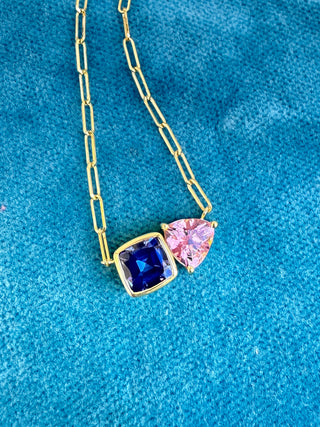 Cushion Cut Tanzanite and Pink Tourmaline Trillion Duet Necklace