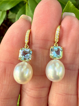 Asscher Cut Aquamarine and Freshwater Pearl Joyce Earrings