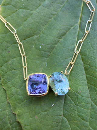 Cushion Cut Tanzanite and Oval Aquamarine Duet Necklace