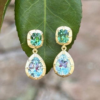 Green Tourmaline and Aquamarine Griffen Earrings