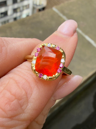 Cushion Cut Fire Opal and Pink Sapphire Sprinkle Ring