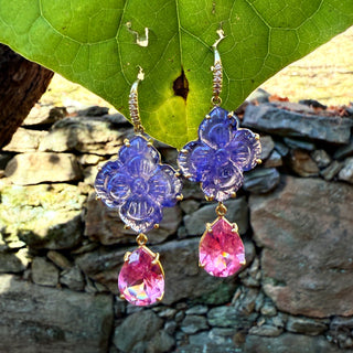 Carved Tanzanite Flower with Pink Tourmaline Drop Earring